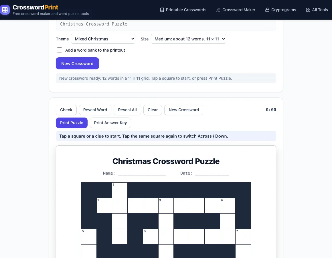 Christmas crossword puzzle example