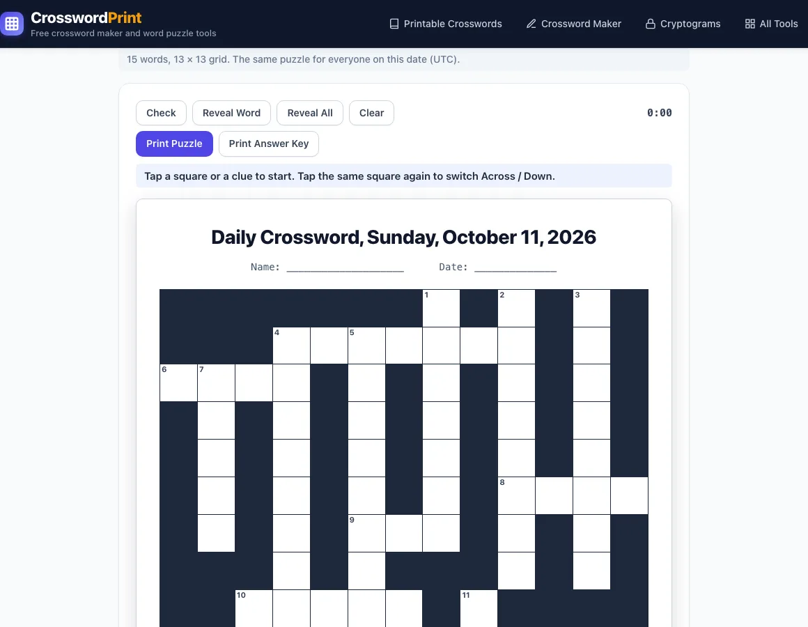 Crossword puzzle of the day printable example