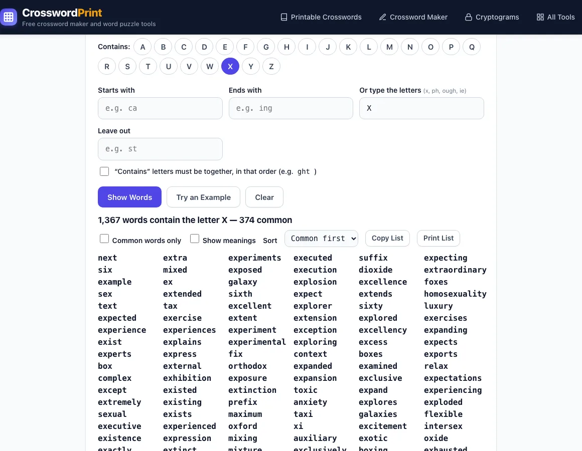 Words with x example